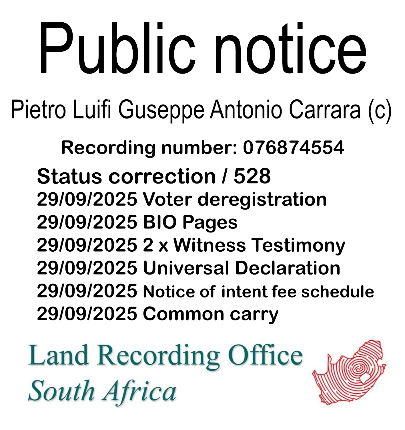 Public notice Pietro Luifi Guseppe Antonio Carrara Recording number 076874554